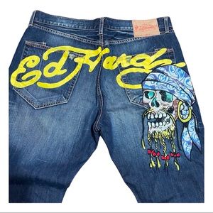 Ed Hardy Men’s Jeans Embroidered McQueen Pirate Skull Spell out Logo SZ 40x32.